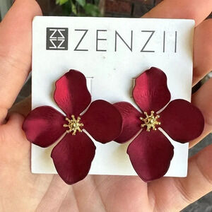 Anthropologie Red Burgundy Marigold Zenzii Flower Earrings NWT